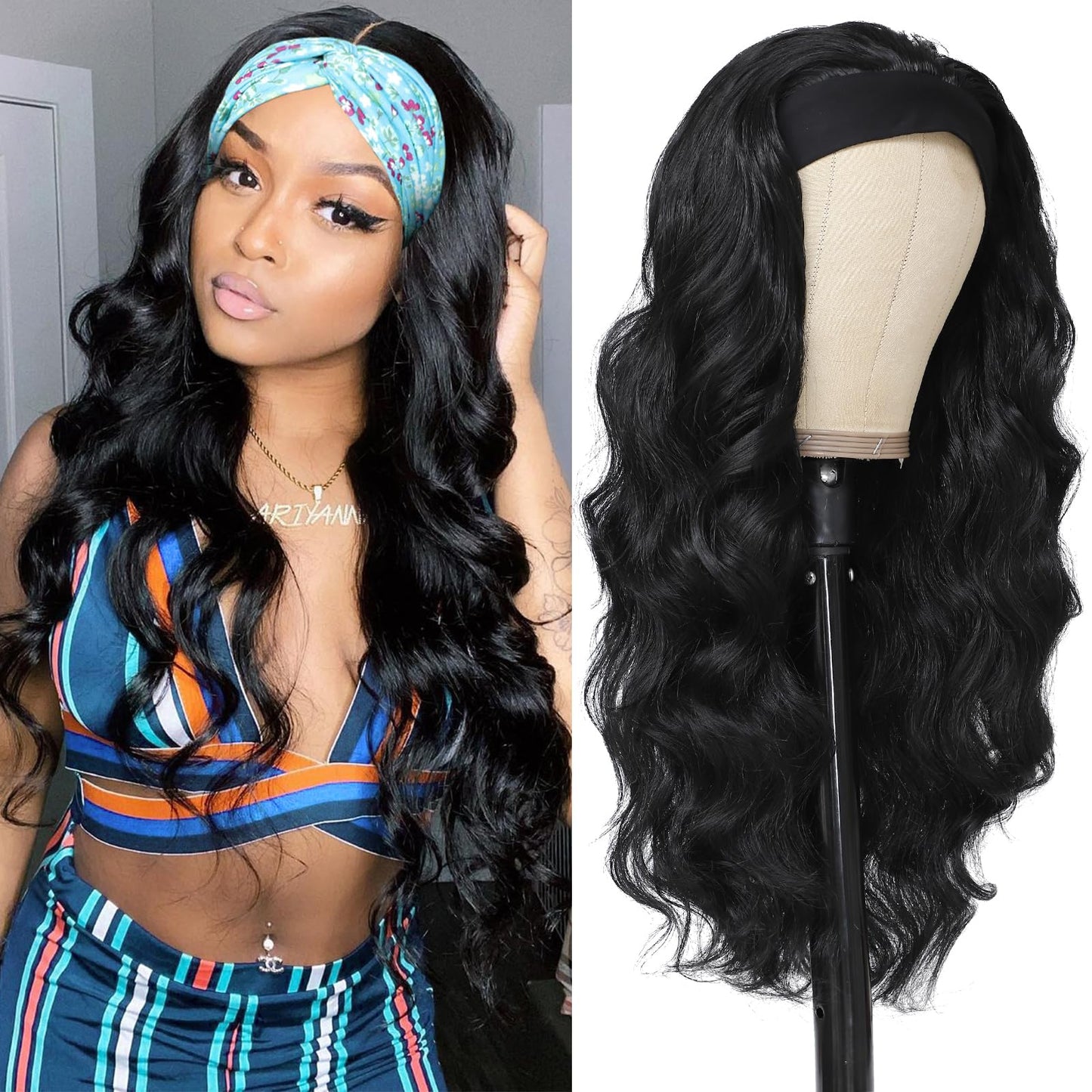 xccoco Black HeadBand Wigs for Women Long Wavy Headband Wigs 24inch Put On and Go Glueless Half Wig Loose Wave Synthetic Long Wigs for Women 200% Density