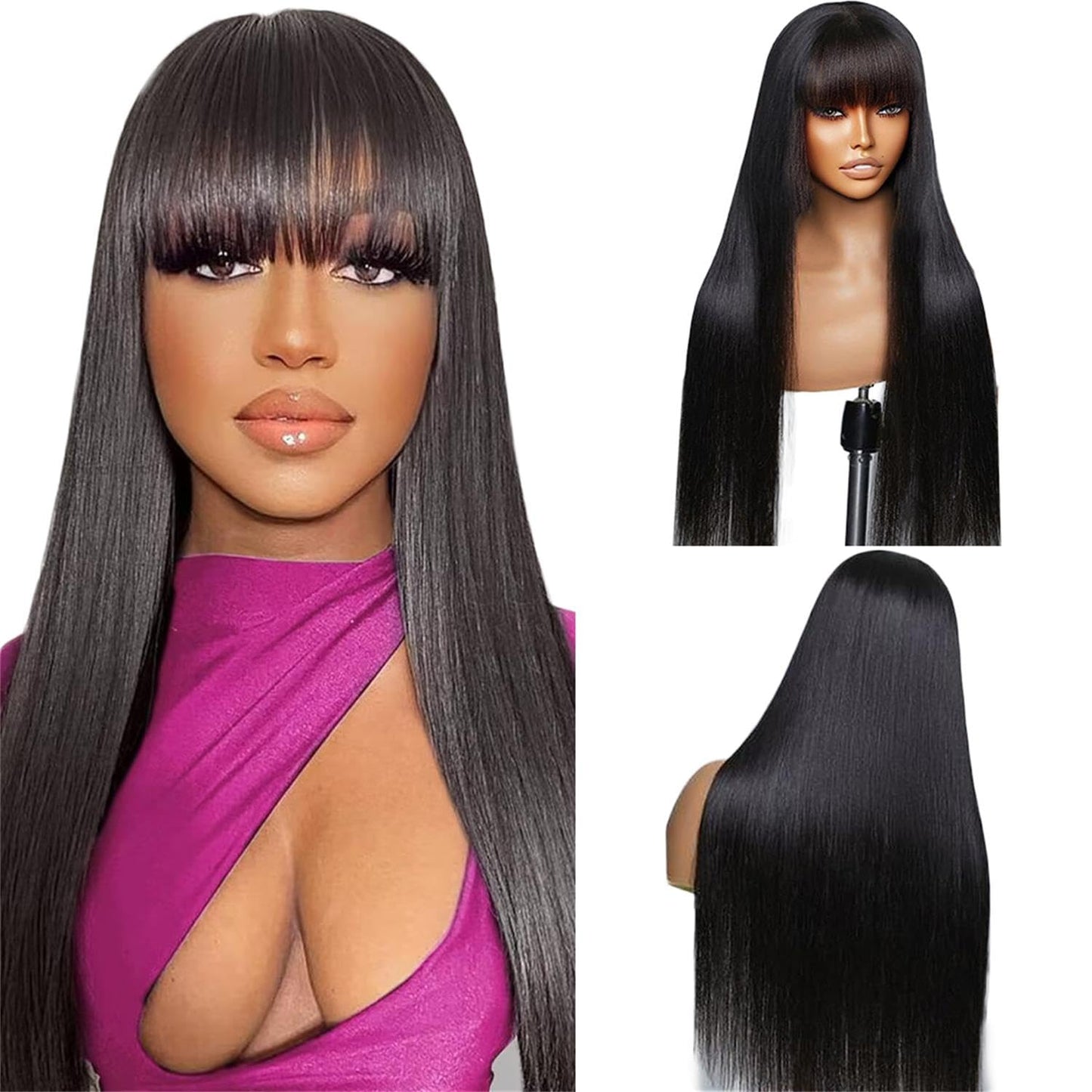 Cecycocy Brazilian Virgin Straight Human Hair Wigs with Bangs 180% Density None Lace Front Wigs Glueless Machine Made Wigs for Black Women Natural Color(24inch)