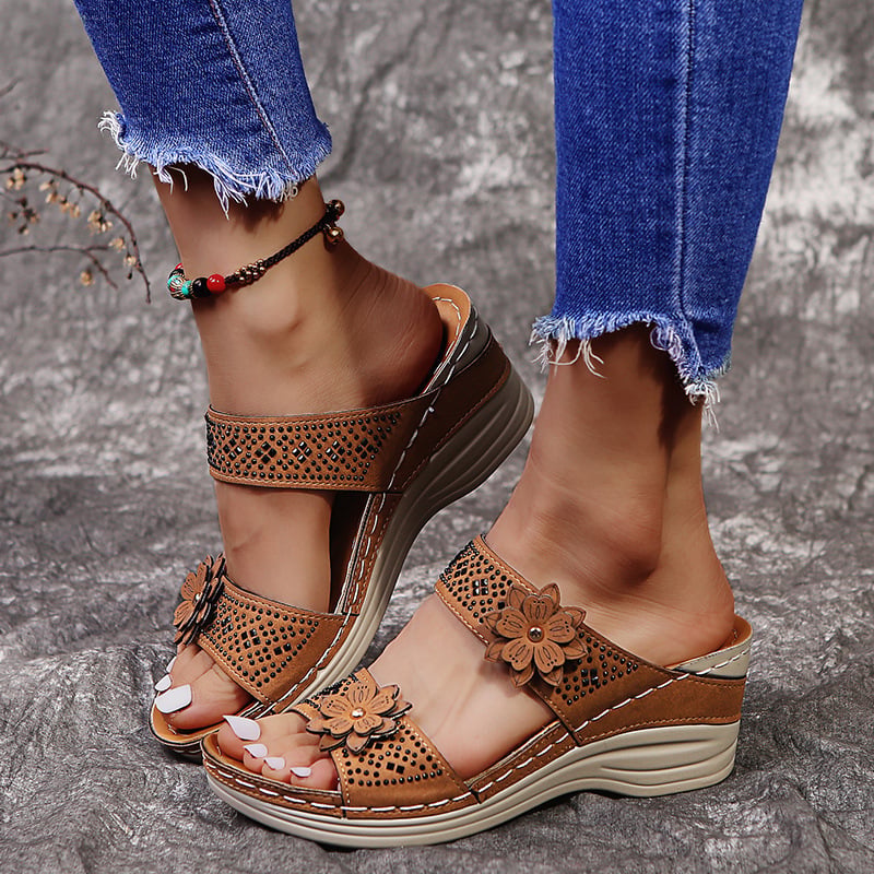 Rhinestone Flower Wedge Sandals for Summer Outdoors