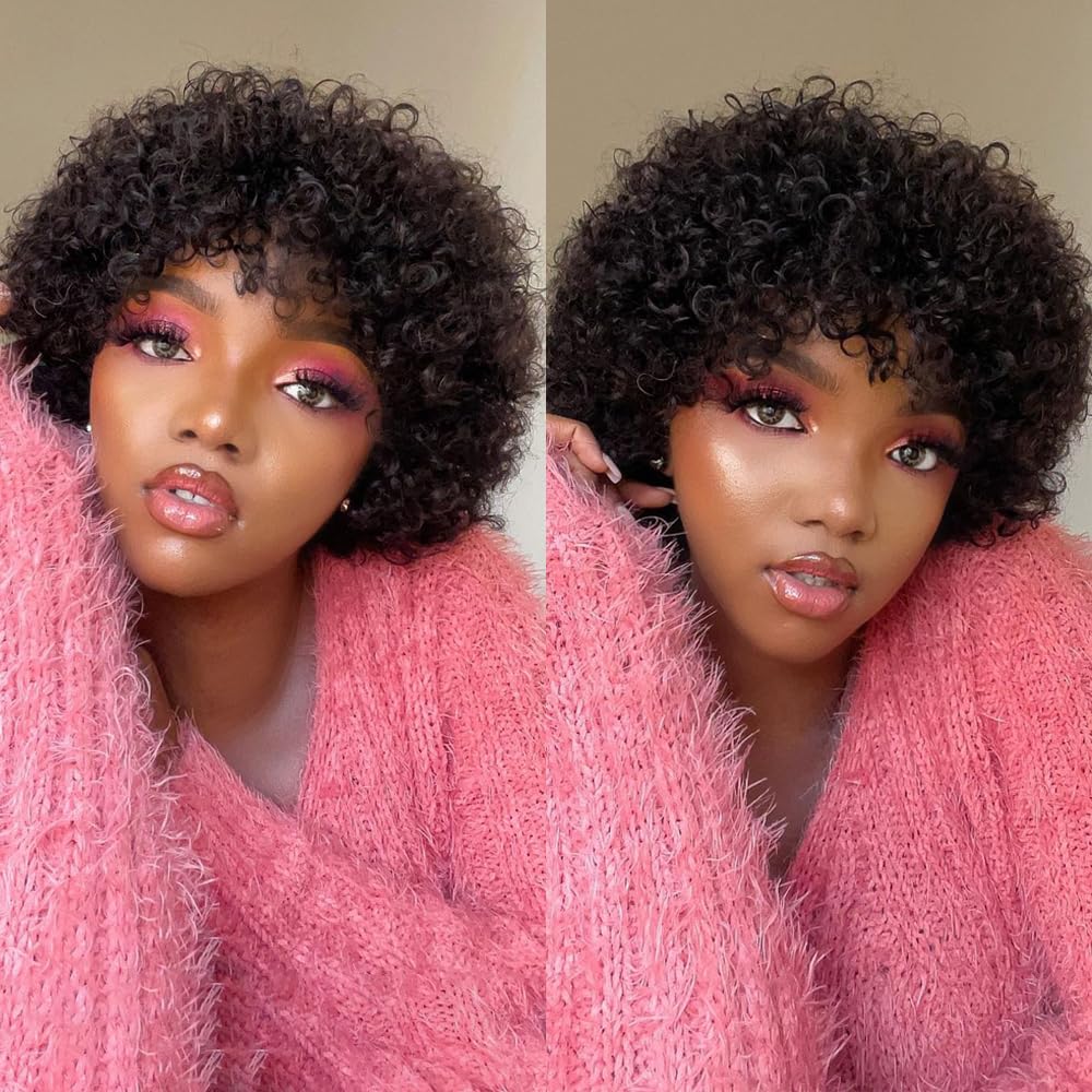 Spotlight Short Bob Wigs 8 inch Water Wave Human Hair Bob Wigs for Black Women Brazilian Virgin Human Hair Wigs with Bangs Natural Looking Dark Brown Color