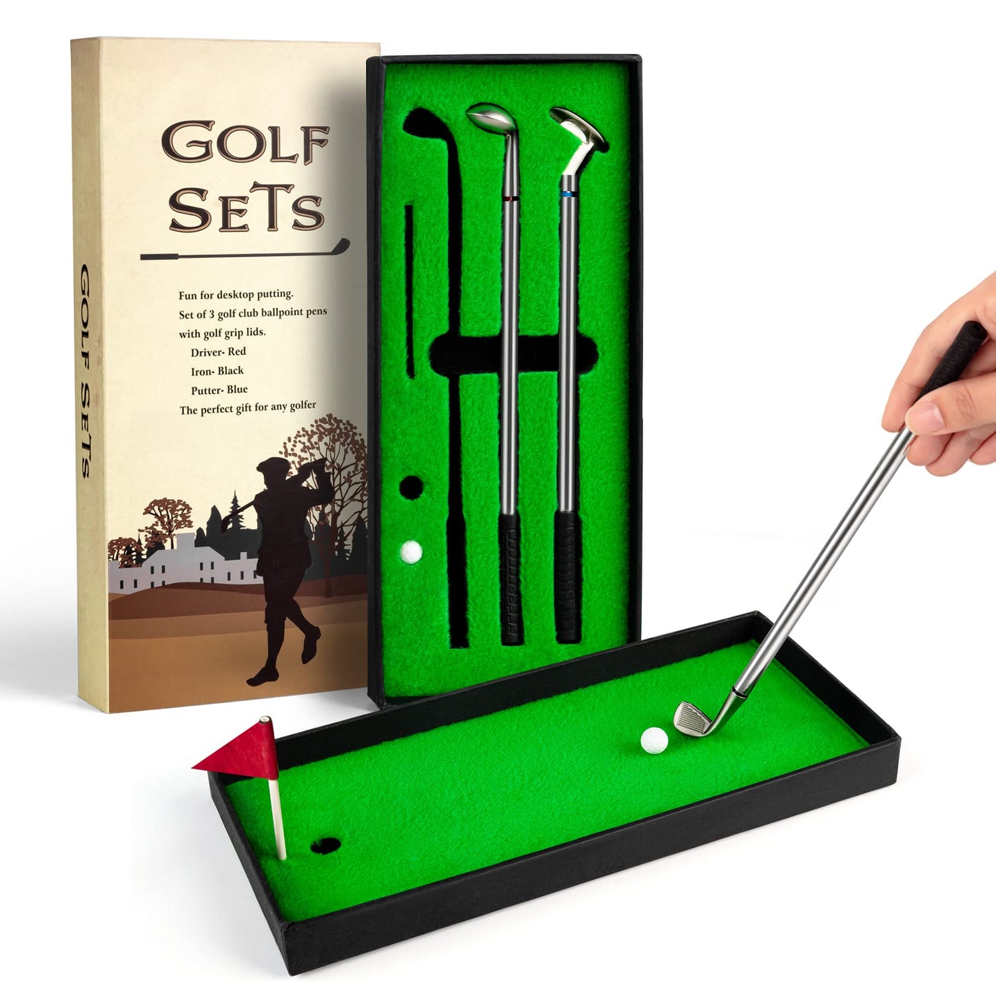 Juboury Golf Pen Set Mini Desktop Golf Ball Pen Gift Set with Putting Green Flag3 Golf Clubs Pens & 2 Balls from Daughter Son Wife