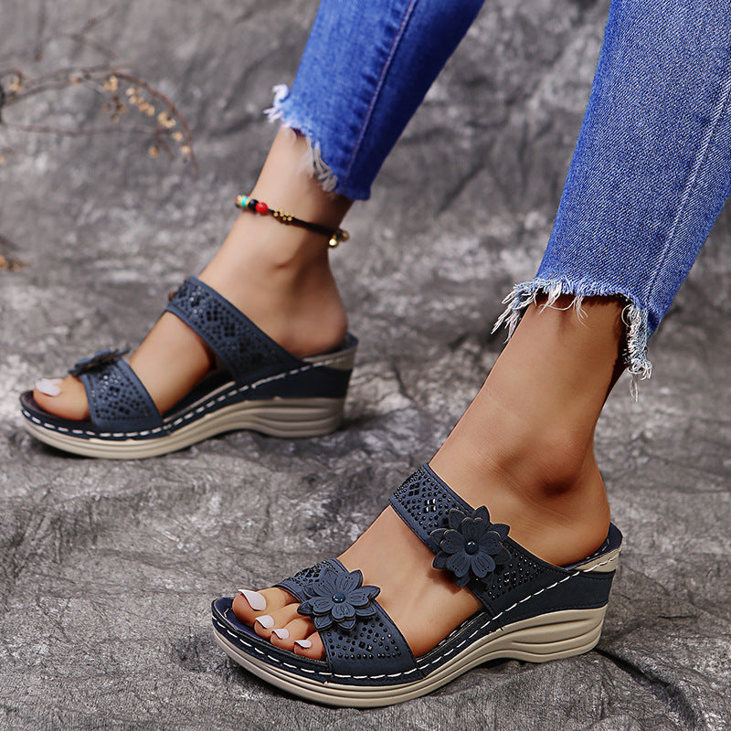 Rhinestone Flower Wedge Sandals for Summer Outdoors