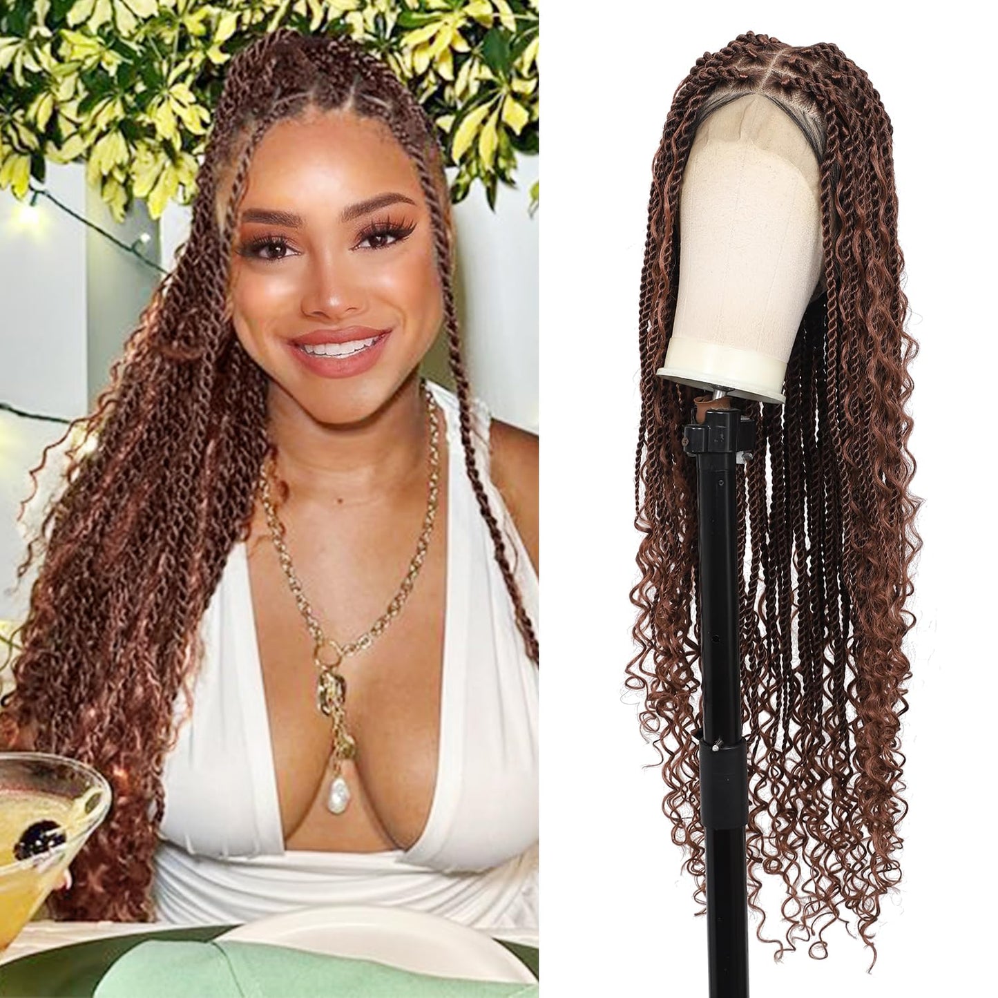Olymei 360° HD Full Lace Boho Twist Braided Wigs for Women Knotless Braided Wigs with Baby Hair Human Hair Blended Braided Lace Front Wigs 36" Brown
