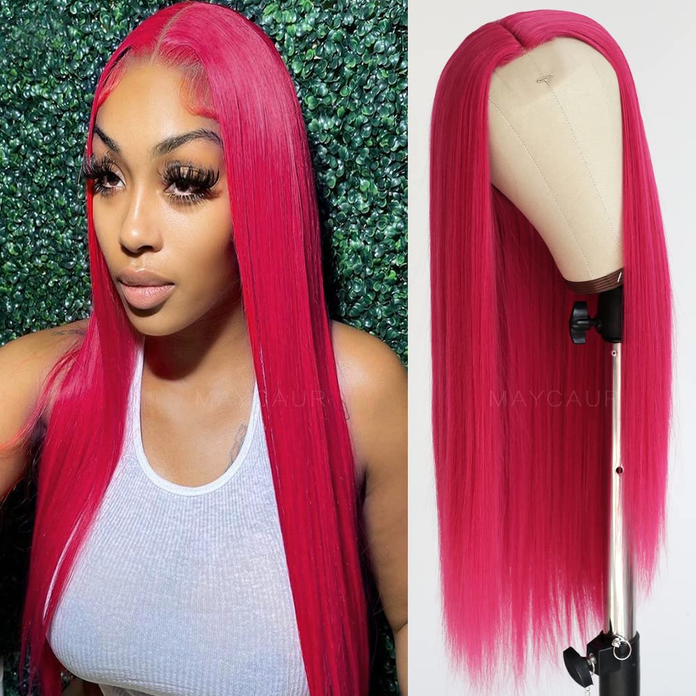 Maycaur Hot Red Synthetic Hair Wigs with Natural Hairline Long Straight Womens Pink Wig Heat Resistant Synthetic No Lace Wigs for Fashion Women