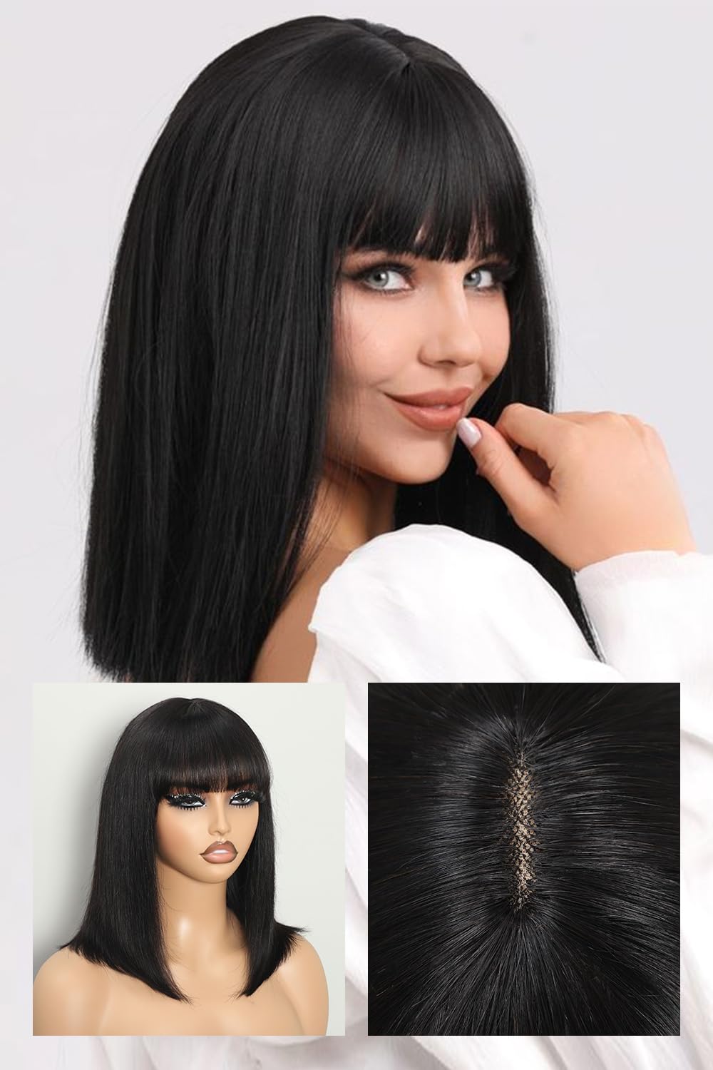 Ueprfect Bob Wigs For Black Women Bob Wig with Bangs Glueless Wigs Human Hiar Bob Wigs Human Hair Glueless Wear and Go 2x1 Transparent Lace Bob Wigs For Women(Natural Black 14inches)