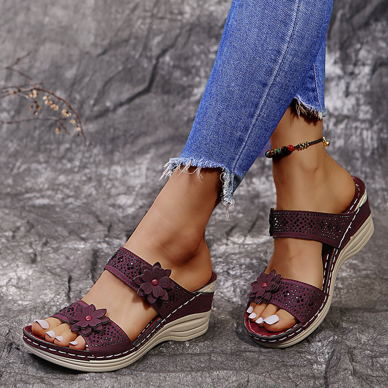 Rhinestone Flower Wedge Sandals for Summer Outdoors