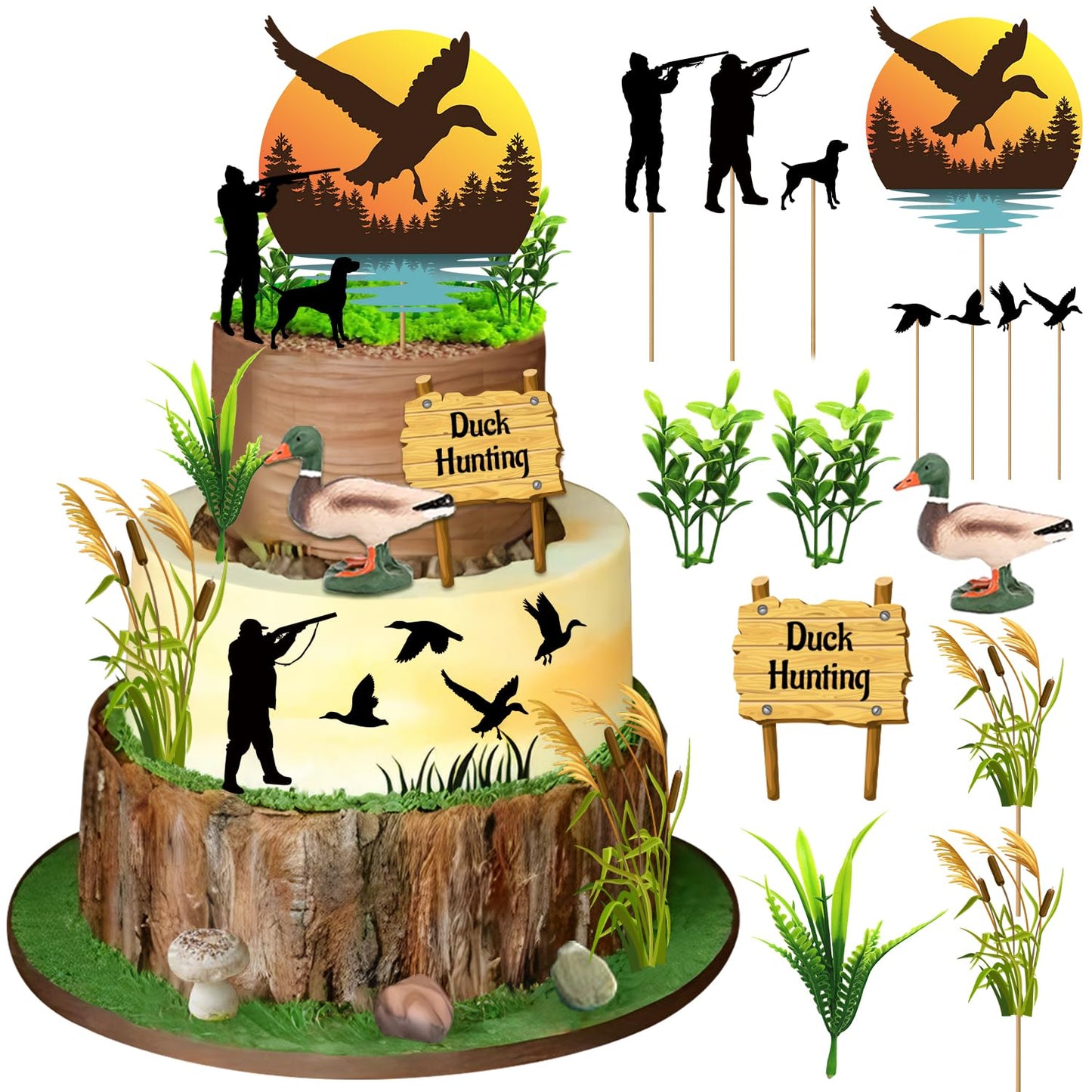 20Pcs Mallard Duck Hunting Cake Topper Duck Hunting Birthday Glitter Cake Decoration Set Hunting Birthday Party Decorations Supplies for Hunter Baby Shower Gone Hunting Theme Party