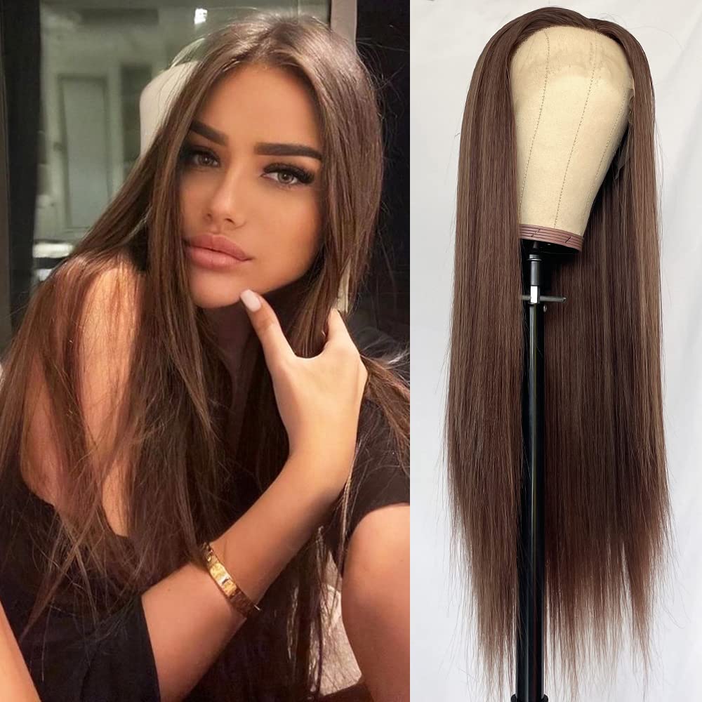 Phyoung Brown Color Lace Front Wigs Long Straight Hair Synthetic Lace Front Wigs for Fashion Women Heat Resistant Hair