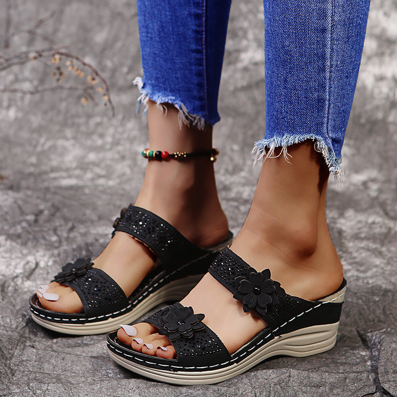 Rhinestone Flower Wedge Sandals for Summer Outdoors