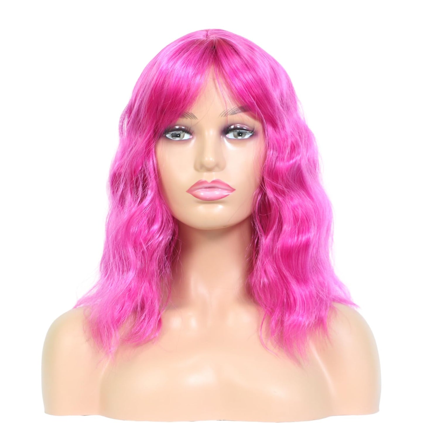 Hot Pink Wavy Wig With Bangs Wavy Bob Wigs for Women Wavy Bob Wig with Bangs Synthetic Natural Looking Heat Resistant Fiber Wigs Cosplay Halloween Party Wigs for Girl Colorful Costume Wigs（Hot Pink）